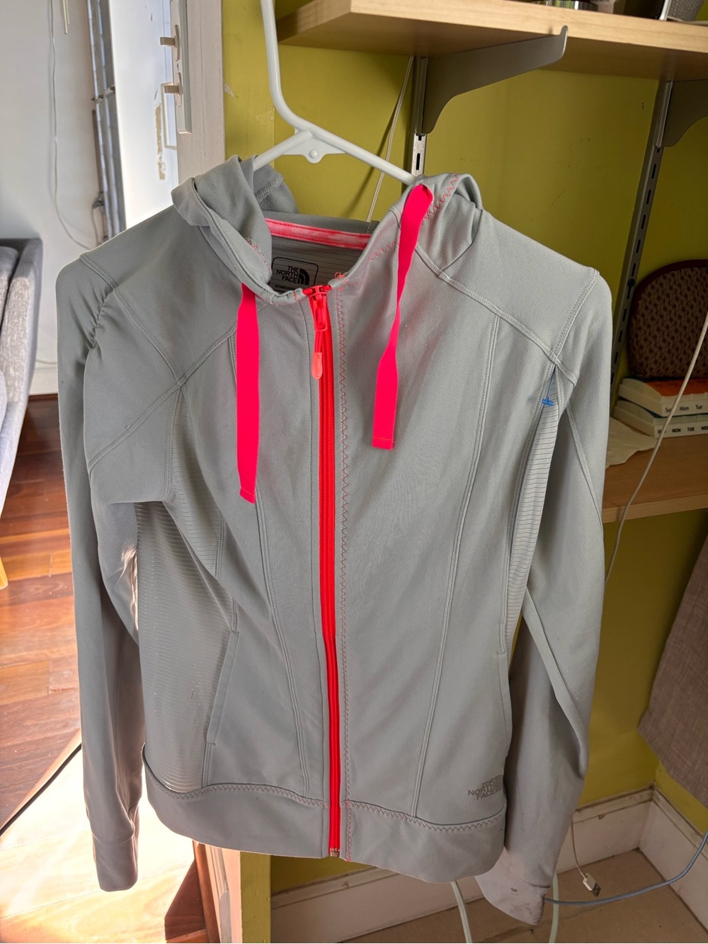 The North Face Light Gray Hoodie with Neon Pink Trim